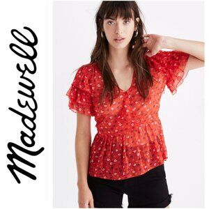Madewell Red Tiered Sleeve Peplum Top Metallic Prairie Posies Ruffle 00